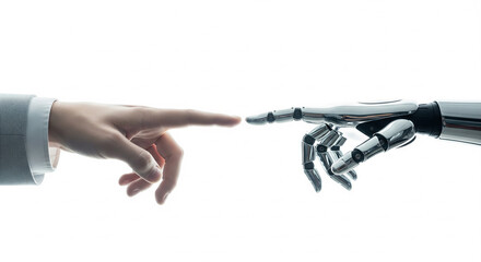 Human hand in business suit sleeve reaching out to touch robotic metal finger technology futuristic concept on white background with innovation