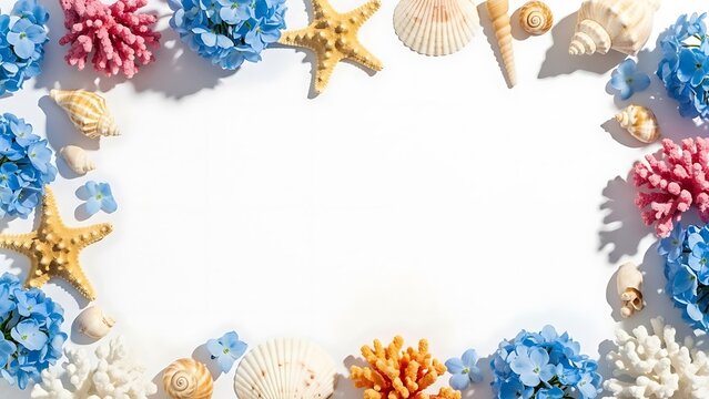 Vibrant summer border with seashells, coral, and blue flowers on white