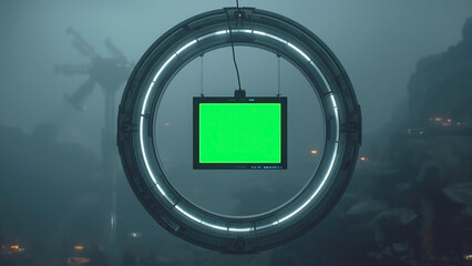 Futuristic glowing ring display with a vibrant green screen monitor, suspended against a mysterious, foggy sci-fi landscape, symbolizing advanced technology, data, and future communication