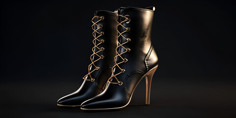 Lace-Up High-Heeled Boots with Metallic Tips