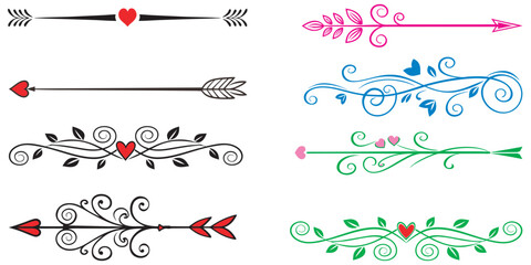 Collection of decorative dividers and arrows with hearts
