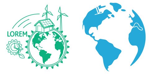 Green energy icons globe with wind turbines and solar panels