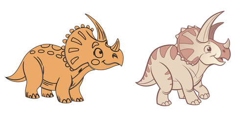 Cartoon triceratops dinosaurs coloring book page and color illustration set