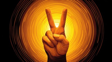 Hand gesture showing peace or victory sign against a bright orange concentric circle design