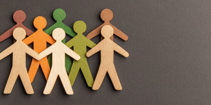 Group of multicolored wooden human figures holding hands in unity and teamwork