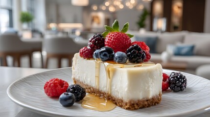 Creamy cheesecake slice topped with fresh berries and honey drizzle