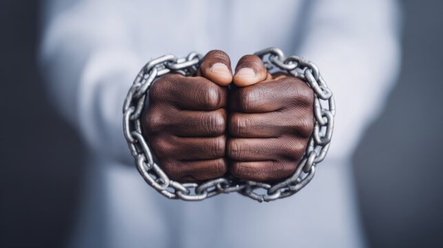 Strength Under Restraint Close up of dark skin clenched fists tightly bound by heavy metal chains Human Rights and Oppression Concept Human Dignity Bound