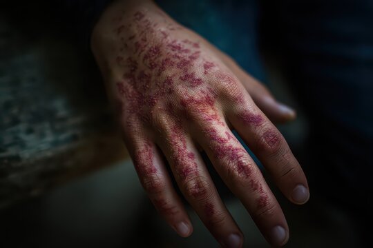 A disease symptom reference is shown in passive voice, HFMD rash affects palm and fingers 