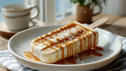 Creamy Vanilla Popsicle with Caramel Drizzle and Sea Salt Toppings