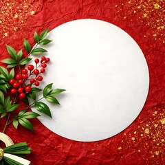 Festive red background with white circle and green leaves with red berries for holiday greeting card design