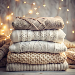 Collection of knitted sweaters in neutral tones with intricate cable patterns