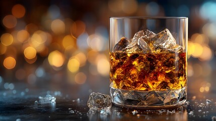 Glass of Whiskey with Ice Cubes on a Reflective Surface