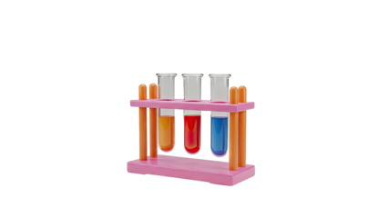 Three Test Tubes with Colored Liquids in a Pink and Orange Rack