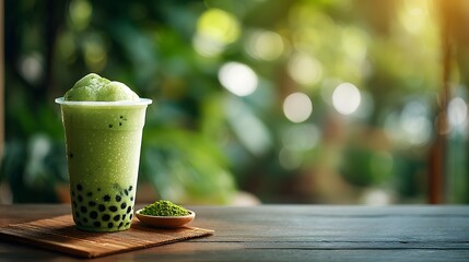 Refreshing Matcha Green Tea Beverage with Tapioca Pearls on Wooden Table
