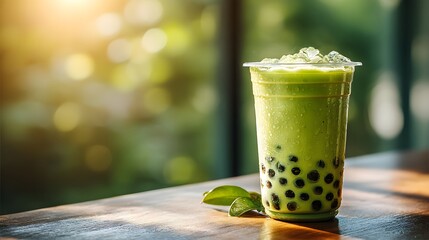 Refreshing Green Tea Beverage with Tapioca Pearls in Bright Light