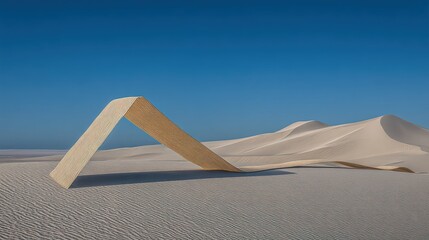 An arrow sculpted from sand dunes in a surreal desert landscape, endless horizon, shimmering heat waves. Background are vast, undulating dunes, clear blue sky, stark contrast 