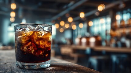 Refreshing Dark Beverage with Ice in a Cozy Bar Setting