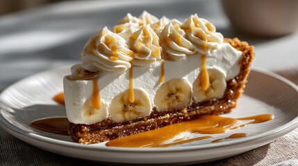 Delicious Banana Cream Pie Slice with Whipped Cream and Sauce