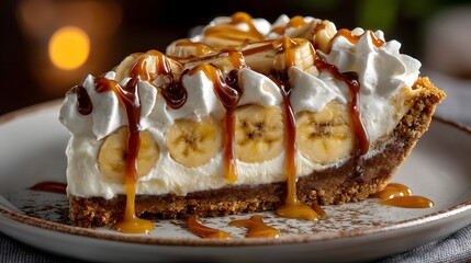 Delicious Banana Cream Pie with Whipped Topping and Caramel Drizzle