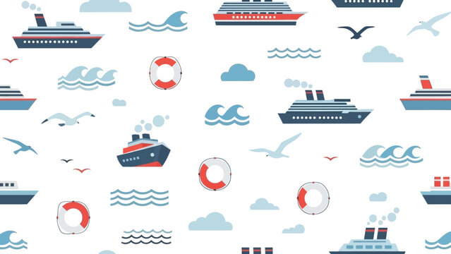 Graphic illustration: repeating pattern of cartoon ships, boats, ocean waves, flying seagulls, and lifebuoys for a nautical theme.