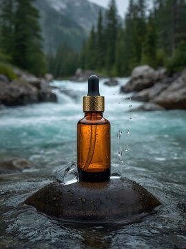 Serum or face oil bottle standing on a stone in the middle of a cold flowing blue river stream