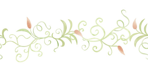 Art Nouveau floral seamless border on white with abstract watercolor liana vines. Simple garden climbing plant in minimalist style. Pastel green beige curly horizontal repeat banner