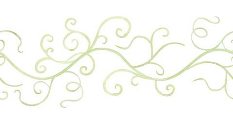 Watercolor abstract liana vine seamless border on white. Floral repeat banner with light green creeper plant. Simple garden nature in minimalist style. Pastel green stem with leaves clip art