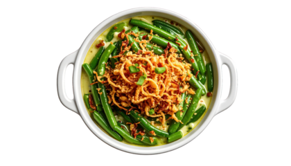Green beans in creamy sauce with fried onions, served in a white baking dish