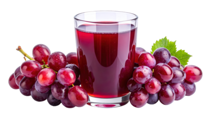 Glass of red juice with grapes, stem, and leaves against black background