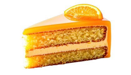 A slice of layered cake with orange frosting and a citrus garnish