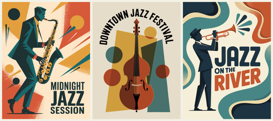 Vintage mid century style jazz poster set featuring saxophone trumpet and bass musicians with bold geometric backgrounds.