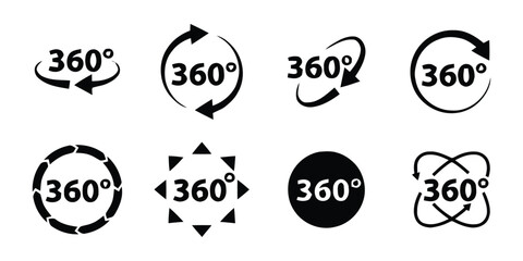 360 Degree Arrow Rotation Symbols. Interactive 360 View Icons