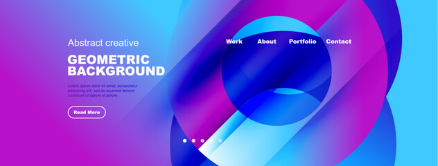 Abstract geometric background design. Website header with navigation elements, text, button. Vibrant blue, purple gradients dominate composition.