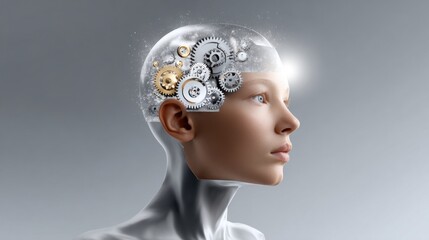 Artificial intelligence, cyborg showing brain functioning with rotating gears