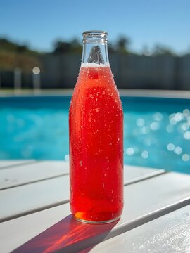 Refreshing red fruit juice or smoothie bottle on a wooden deck next to sparkling blue pool water