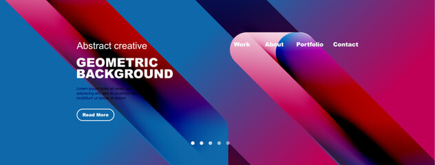 Abstract geometric background. Blue, red gradients dominate design. Text highlights work, about, portfolio, contact options. Simple layout.