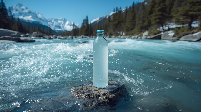 Clear glass mineral water bottle placed on a wet stone in a flowing mountain stream, freshness concept