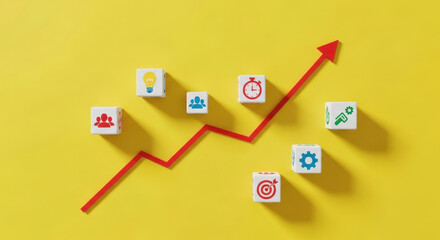 Business Development Strategy Growth Success Concept with Cubes Icons and Arrow. Progress and Improvement Process. Performance Graph with Statistics.