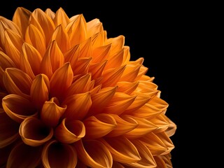 Side profile view of a bright orange dahlia flower isolated on a black background, botanical details.