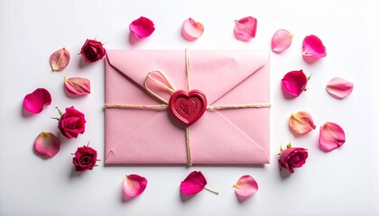 Pink envelope with heart seal and rose petals, romantic gift concept