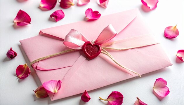 Pink envelope with heart seal and rose petals