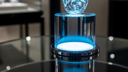 A futuristic blue glowing cylinder with a gemstone on top