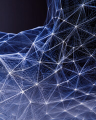 A futuristic network of glowing white lines and nodes forms a complex web-like structure on a dark background