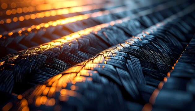 Close-up Braided Carbon Fiber with Warm Lighting, Composite Material, Technology, Engineering