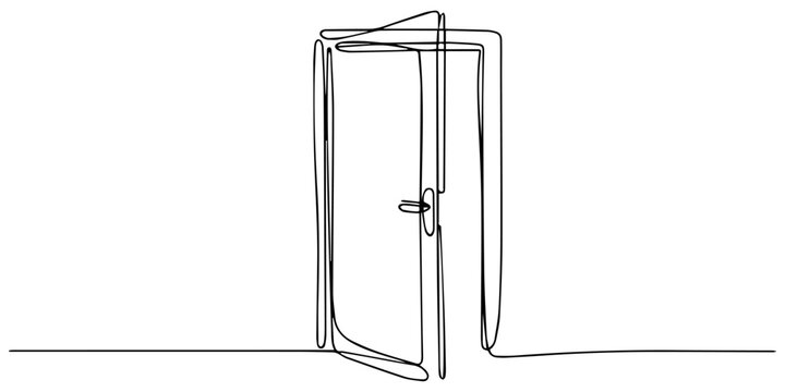 Open door one line illustration, welcome sign continuous line art drawing, Continuous line of open doors. one line drawing of door isolated on white background, Concept of opportunity and solution to.