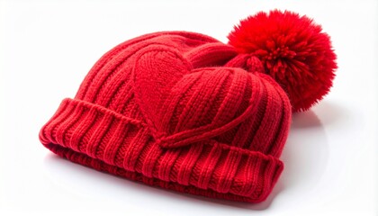Red Knit Beanie Hat with Heart Design and Pom-Pom