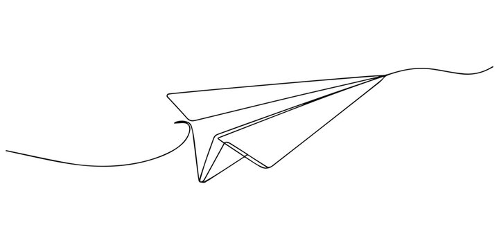 Paper plane continuous one line art drawing of design, Paper plane continues one line drawing in a minimal style isolated outline vector illustration, minimalist origami travel vector illustration. 