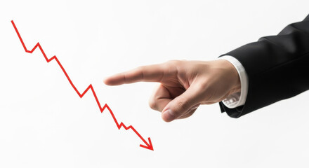 Business Downward Trend Line Graph with Hand Pointing to Decreasing Stock Market Chart Economic Recession Crisis Loss Failure Bankruptcy Concept