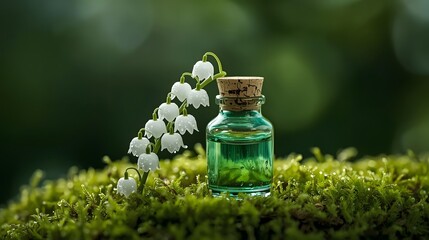 Aesthetic essential oil bottle in a spring forest setting with fresh green moss and blooming flowers