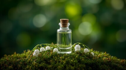 Small glass bottle with cork stopper on green moss surrounded by white lily of the valley flowers, natural aromatherapy concept